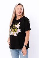 Жіноча патріотична футболка оверсайз ЧОРНА 42,44,46,48,50,52,54,56р з принтом UKRAINE Колосок Тризуб квіти