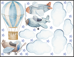 Сет наліпок для ростових фігур "Літаки, повітряна куля, хмари, зірки" 100х130 см (без обрізу по контуру)