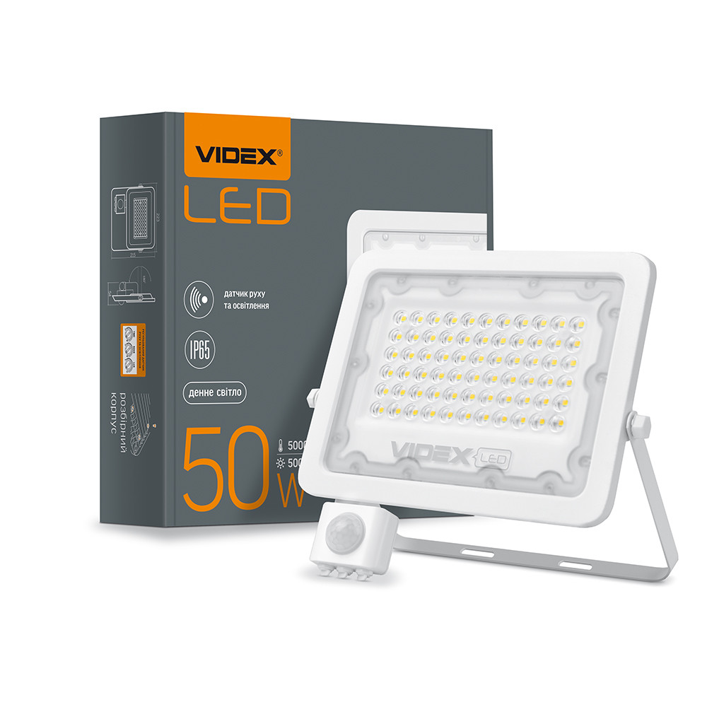 LED прожектор VIDEX F2e 50W 5000K з датчиком руху та освітленості, фото 1