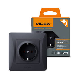 Розетка одинарна із заземленням чорний графіт VIDEX BINERA VF-BNSK1G-BG