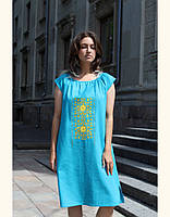 Сукня міді жіноча лляна блакитна "Яворівська" з жовтою вишивкою