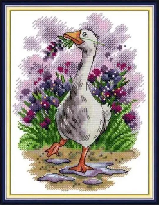 Набір для вишивання за нанесеною на канву схемою "Summer Lavender Goose". AIDA 14CT printed 19*26 см, фото 1
