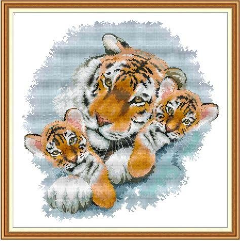 Набір для вишивання за нанесеною на канву схемою "Tiger mother and tiger baby" . AIDA 14CT printed, 44*44 см