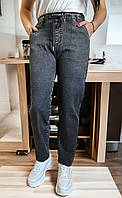 Жіночі джинси МОМ із тканини джинс котон в попельнастому кольорі без застібки зі шнурівкою розміри від 42 по 58