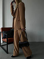Жіночий класичний костюм вільний піджак з штанами палацо на високій посадці Коричневый, М/Л