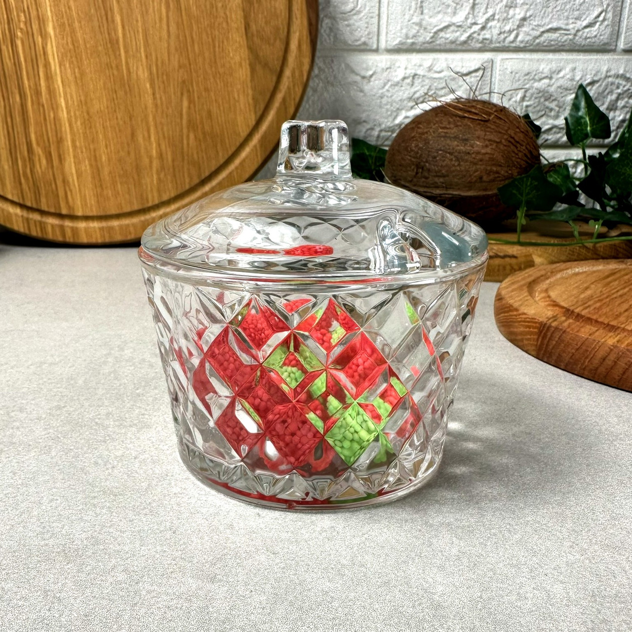 Скляна цукорниця з кришкою під ложку