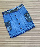 Підліткова джинсова мініспідниця на ґудзиках КАМУФЛЯЖ для дівчинки 9-12 років, колір блакитний