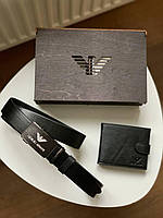 Подарочный мужской набор кожаный ремень и кошелек Giorgio Armani в подарочной деревянной коробочке