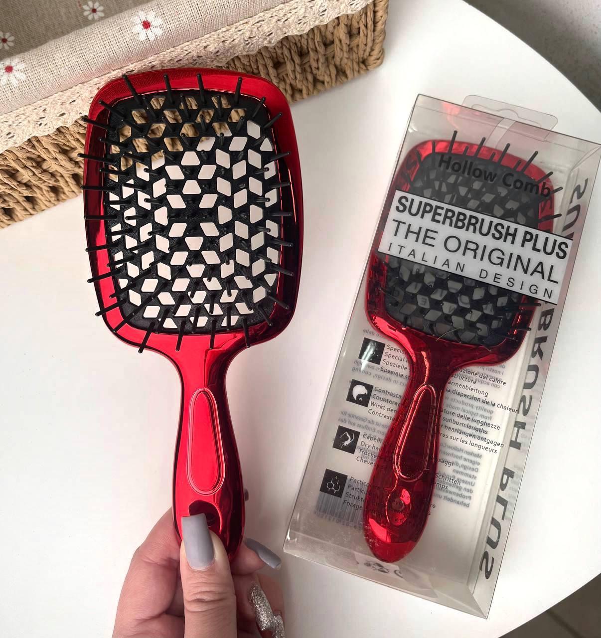 Гребінець хромований для волосся "Super Brush" Червоний у коробці, фото 1