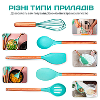 Набір кухонного приладдя Kitchen Set 12 предметів (11 шт + підставка): силікон + дерево, М'ятний (KS-12M), фото 9