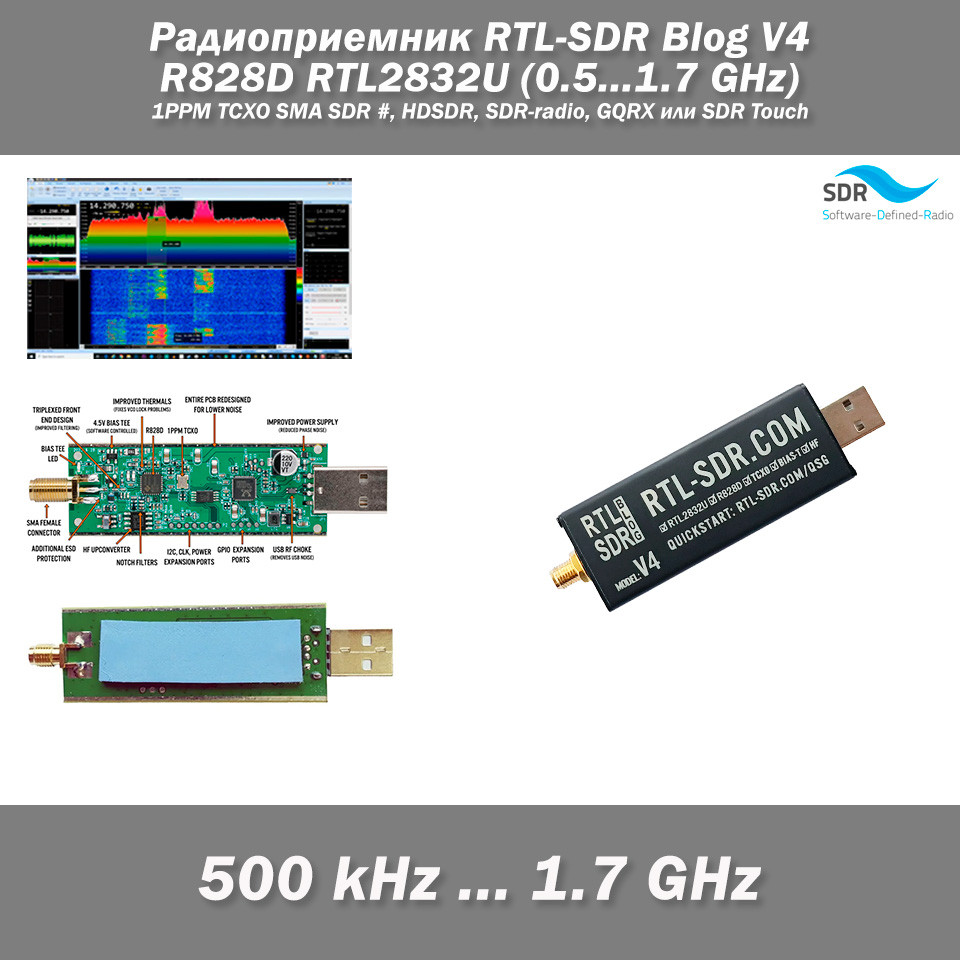 Радіоприймач RTL-SDR Blog V4 R828D RTL2832U (0.5...1.7 GHz) 1PPM TCXO SMA SDR #, HDSDR, SDR-radio, GQRX або S