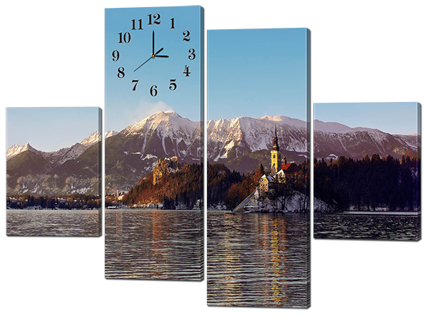Модульна картина з годинником Гори.Замок.Зима