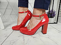 Туфли на широком каблуке с платформой с ремешком застёжкой красные, Размер 37 (24 см)
