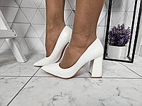 Туфли лодочки на широком высоком каблуке белые, Размер 37 (24 см)