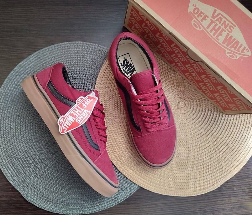 БОРДО Кеды Vans Old Skool WineRed / GREY женские мужские кроссовки Бордо на рыжей подошве оригинал деми, фото 1