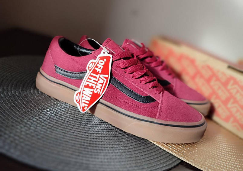 БОРДО Кеды Vans Old Skool WineRed / GREY женские мужские кроссовки Бордо на рыжей подошве оригинал деми, фото 3