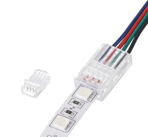 RGB коннектор прозрачный 10мм 4pin-4pin прокалывающего типа. Cоединение RGB ленты с проводом без пайки