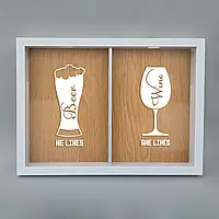 Двойная рамка копилка "He likes beer, she likes wine" для пробок, white-brown, white-brown, английский