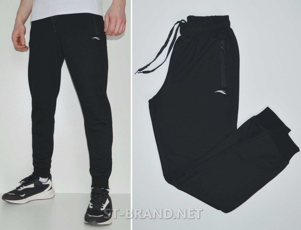 46,48. Чоловічі спортивні штани з манжетами, трикотаж двунитка - чорні