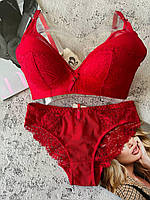 75С Красива жіноча червона білизна з мереживом комплект трусики и бюстгальтер на груди 3 розміру