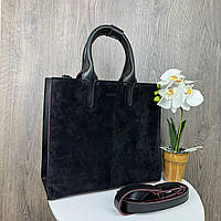 Замшевая женская сумка большая черная, женская сумочка из натуральной замши и эко кожа PRO_1099