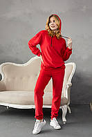 Красный женский велюровый спортивный костюм с капюшоном 52