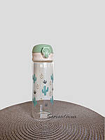 Пляшка для води скляна 500ml з поїлкою на кнопці колір зелений. Кактуси