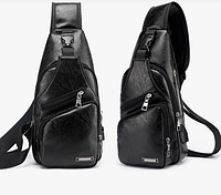Нагрудна сумка слінг шкіряна чорна Сумка для чоловіка, практична сумка чоловіча Слінг рюкзак чоловічий