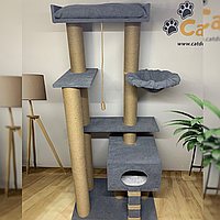 Игровий комплекс-когтеточка "Чарли" для больших котов, с домиком, с гамаком, для питомников, джут, 175*80*50см