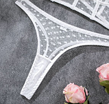 Жіночий комплект спідньої білизни в білу прозору сітку в горошок бюст-корсет, сексуальний комплект, фото 6