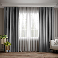 Две готовые шторы велюр серого цвета 270 х 225 см (комплект) на тесьму, шторы серые в спальню, кухню