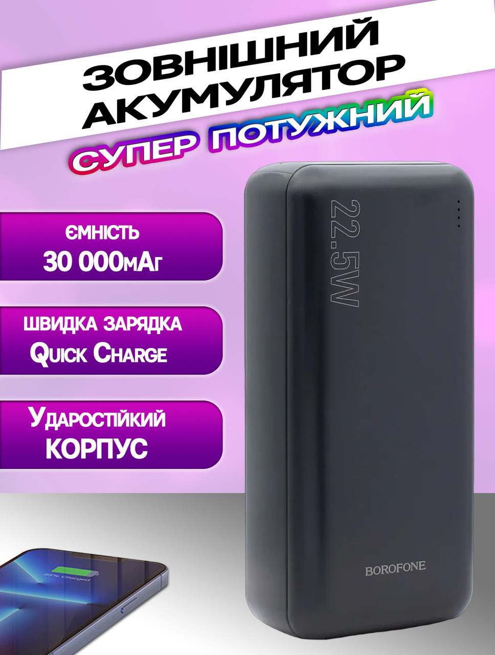 Повербанк BOROFONE 30000 mAh 22.5W Power Bank з підтримкою швидкого заряджання, фото 1