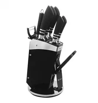 Набір з 5 кухонних ножів з нержавіючої сталі з точилом та підставкою UNIQUE UN-1835 Набір 9 в 1