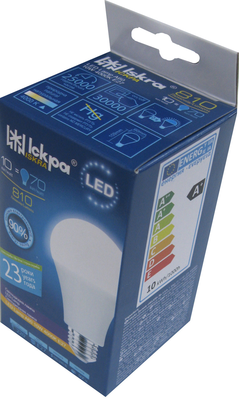 Лампа світлодіодна Iskra LED 10W (аналог 70 Вт) цоколь E27 колба A60 4000K (білий світ)