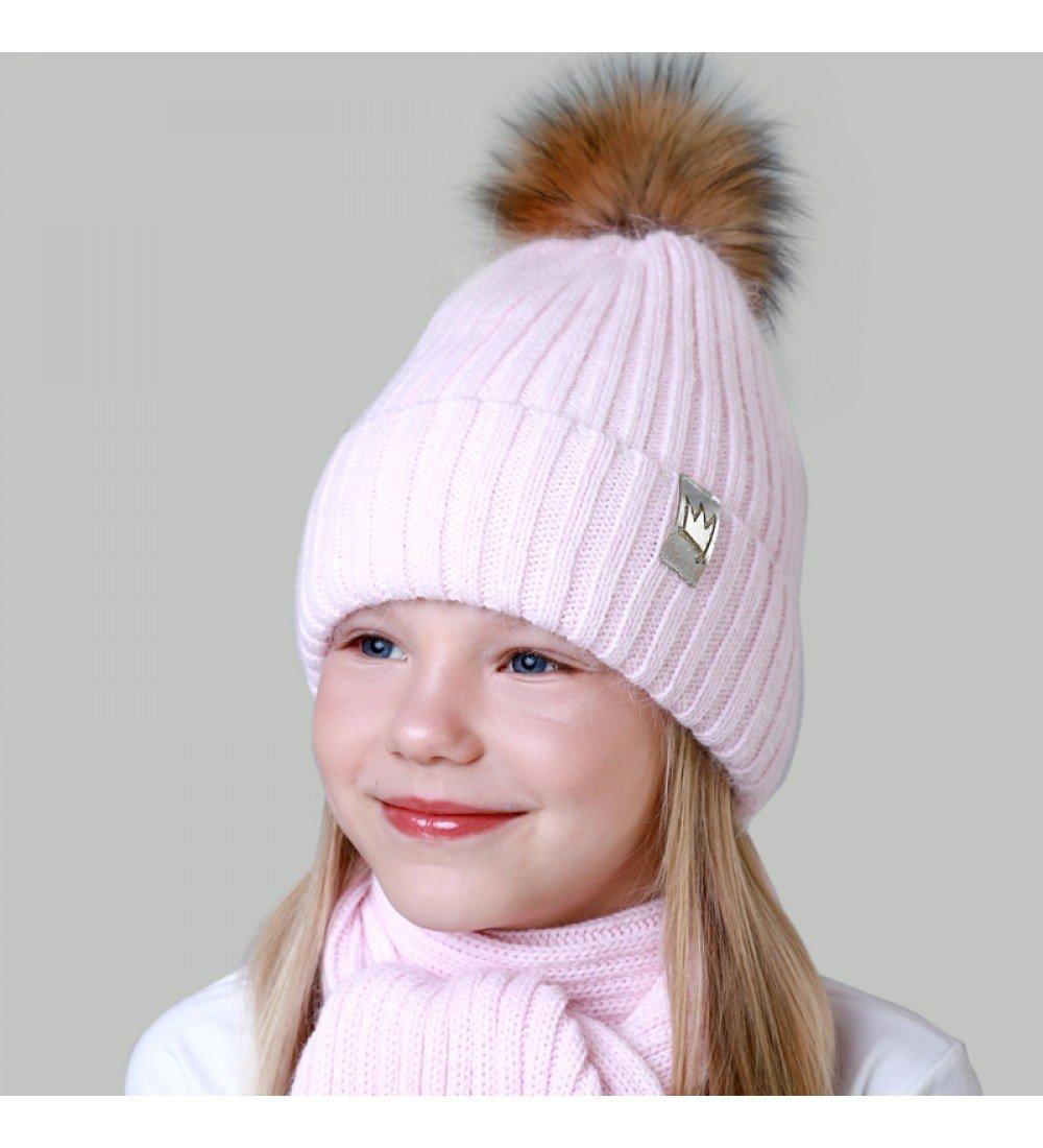 Шапка дитяча Elf-Kids ОГ 48-50 см із шарфом зимова в'язана ангора для дівчаток ВІТТОРІЯ рожева