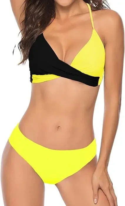 Жіночий пляжний купальник у двох кольорах жовтий з чорним, фото 1
