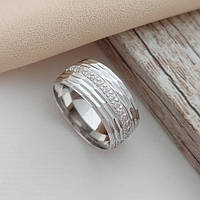 Кольцо обручальное серебряное с белыми фианитами и орнаментом родированное широкое