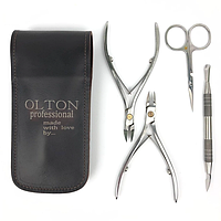 Маникюрный набор Olton (накожницы М, кусачки для ногтей XS, ножницы 100 мм , лопатка-топорик, кожаный чехол)