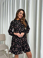 Красивое нежное женское мини платье свободного кроя цветочный софт с длинным рукавом хит продаж Черный2, 42/46