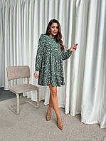 Красивое нежное женское мини платье свободного кроя цветочный софт с длинным рукавом хит продаж Зеленый, 48/50