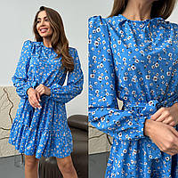 Красивое нежное женское легкое приталенное мини платье цветочный софт с длинным рукавом хит продаж OS 50/52, Голубой