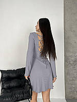 Стильна базова приталена жіноча сукня турецький рубчик із зав'язками на спині з пишною спідницею відкрита спина OS 42/44, Сірий