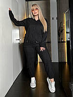 Женский прогулочный весенний костюм кофта на молнии и штаны джоггеры микровельвет большого размера батал OS 56/58, Черный