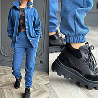 Костюм весенний базовый вельветовый женский прогулочный стильный брюки на манжете и рубашка на пуговицах OS 42/44, Джинс