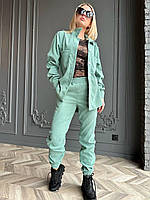 Костюм весенний базовый вельветовый женский прогулочный стильный брюки на манжете и рубашка на пуговицах OS 46/48, Оливка
