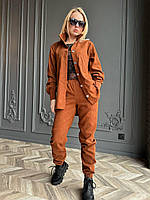 Костюм весенний базовый вельветовый женский прогулочный стильный брюки на манжете и рубашка на пуговицах OS 46/48, Коричневый