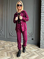 Костюм весенний базовый вельветовый женский прогулочный стильный брюки на манжете и рубашка на пуговицах OS 50/52, Марсала