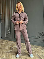 Костюм весенний базовый вельветовый женский прогулочный стильный микровельвет брюки и кофта рубашка на змейке