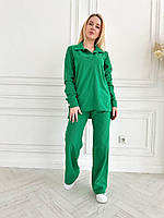 Стильный базовый трендовый вельветовый мягкий женский прогулочный костюм брюки палаццо и рубашка OS Трава, 46/48