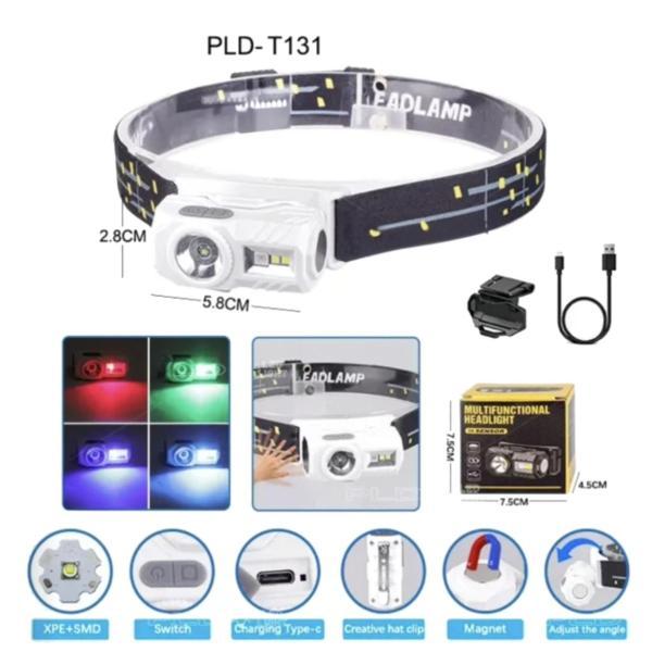Ліхтар налобний T131-XPE+3SMD(red+green+blue+UV), Motion Sensor,магніт, кліпса